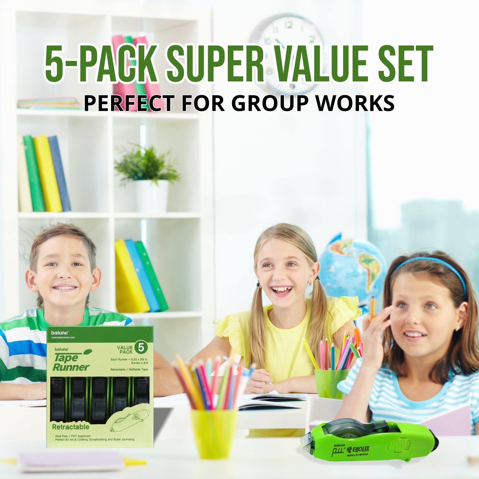 [Balune] Tape Runner Green, Rectractable, 8m, 5 Count