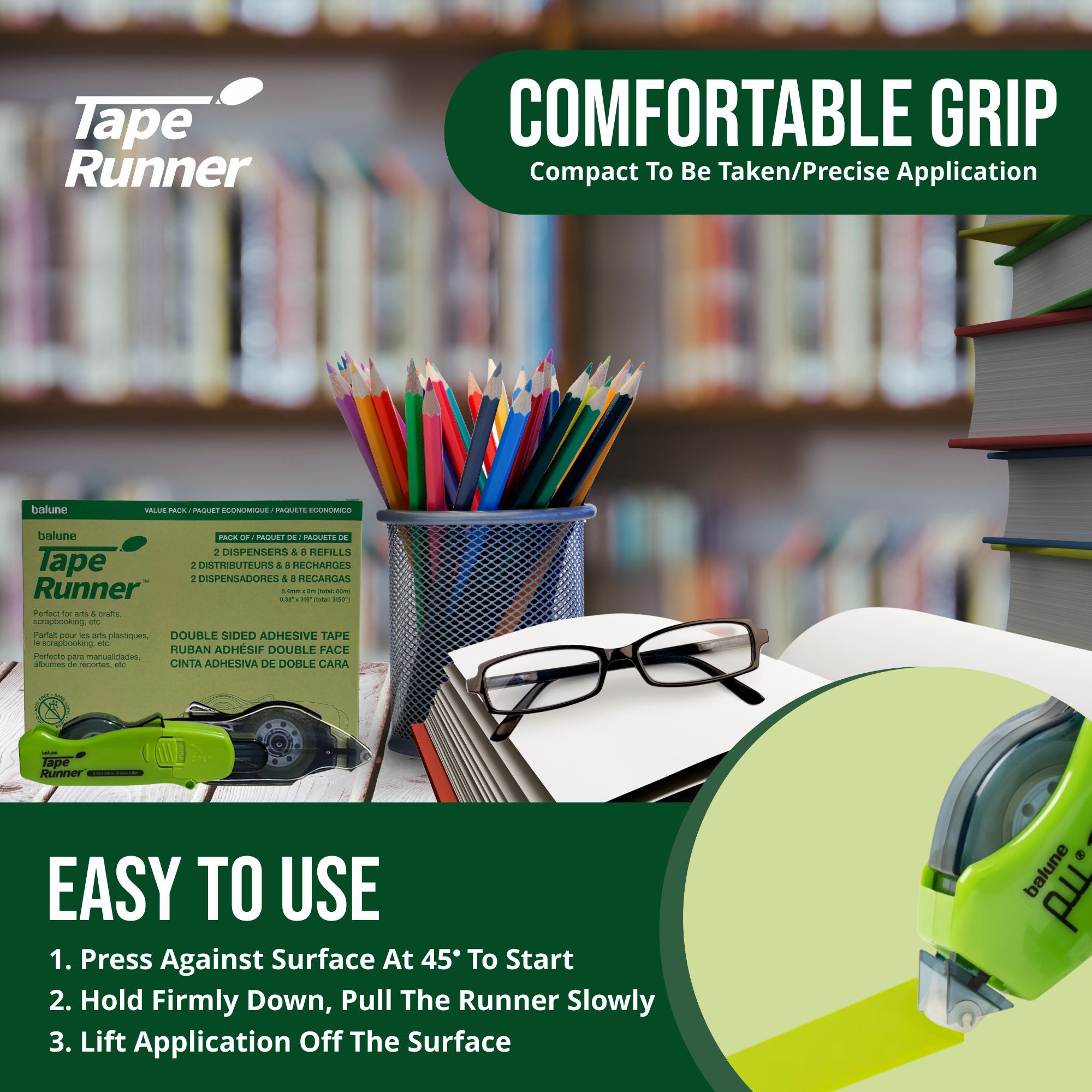 [Balune] Tape Runner Green, Rectractable, 8m, 2 Dispensers & 8 Refills