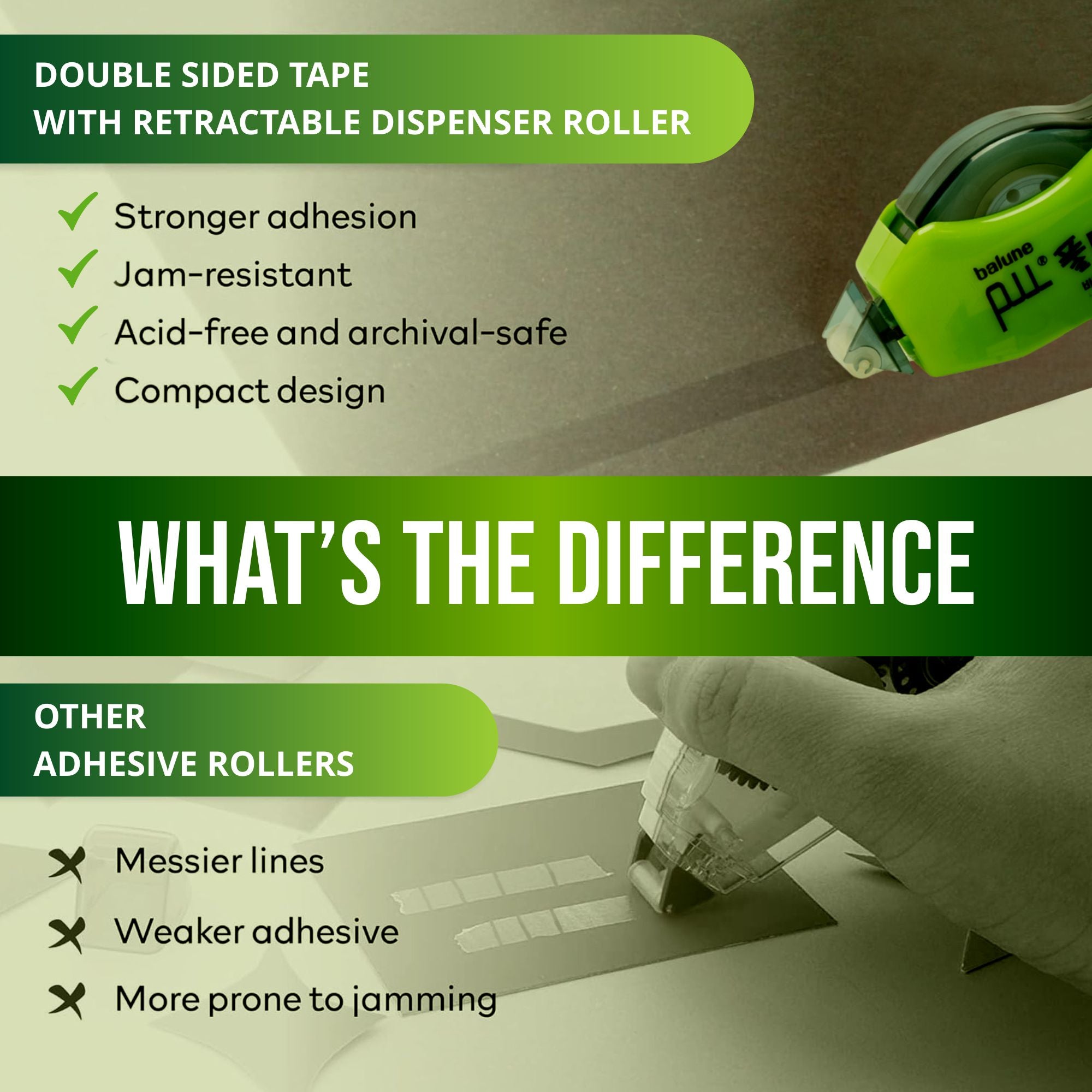 [Balune] Tape Runner Green, Rectractable, 8m, 2 Dispensers & 8 Refills