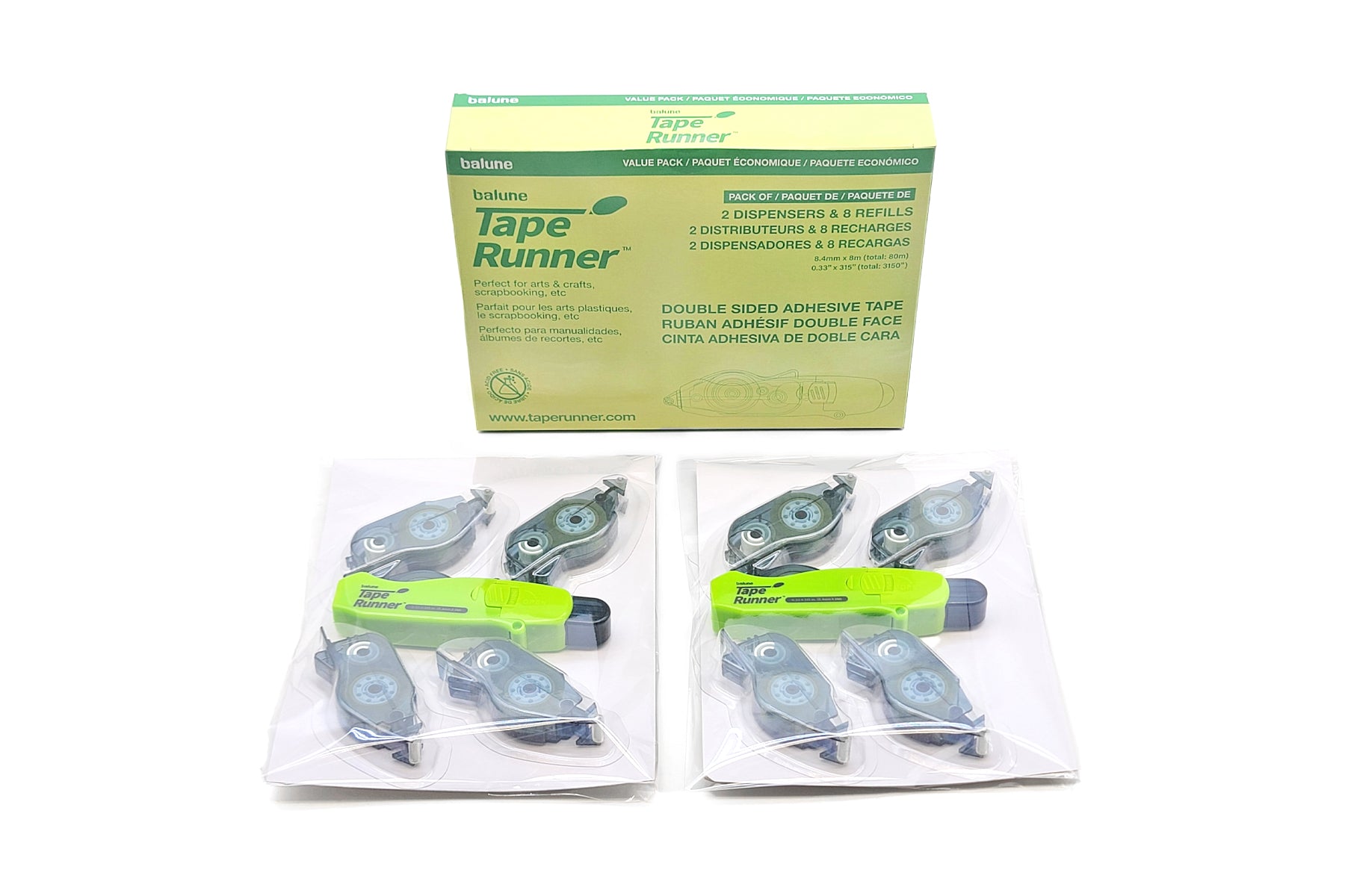 [Balune] Tape Runner Green, Rectractable, 8m, 2 Dispensers & 8 Refills