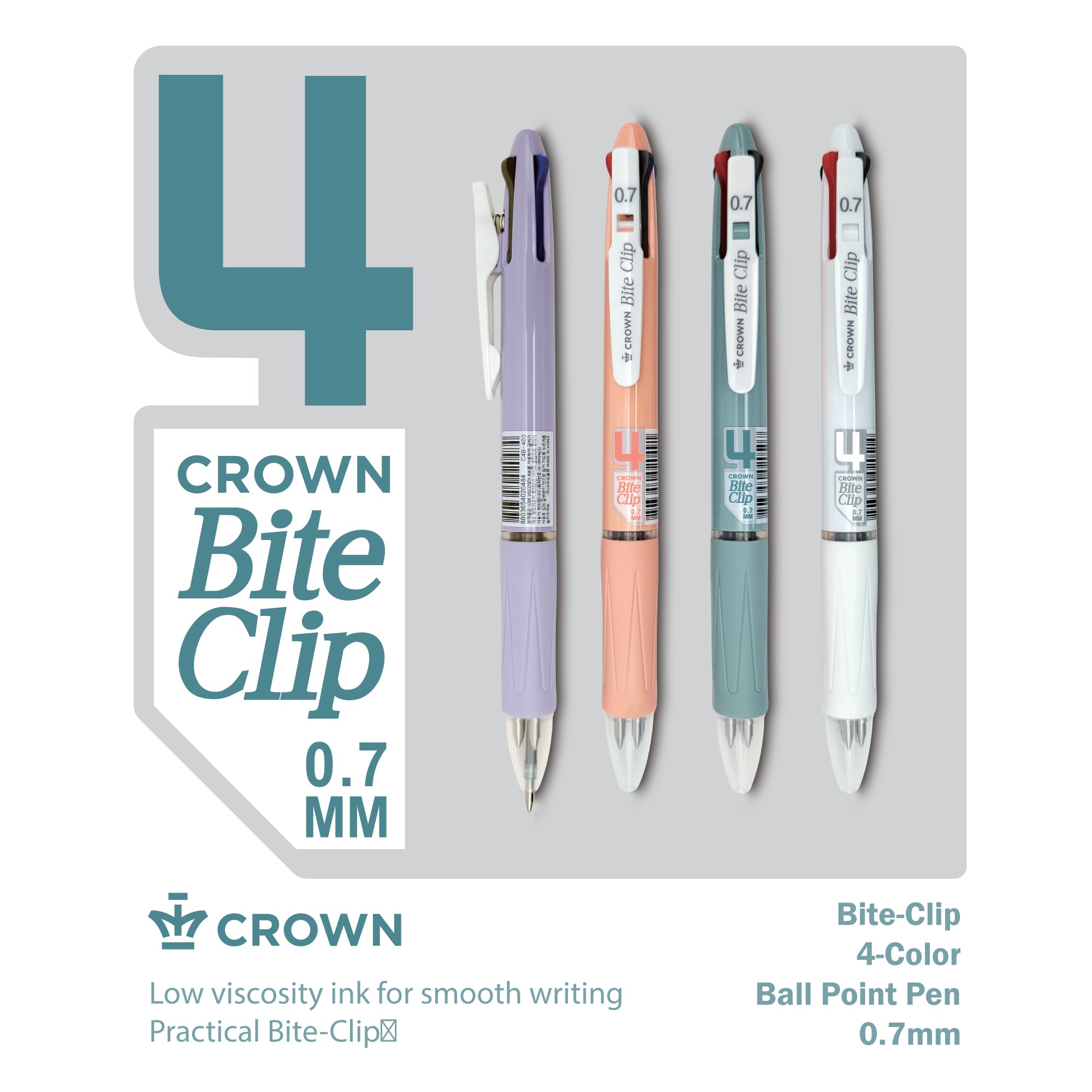 Crown Bite Clip Ballpoint Pens – 0.7mm, 4 Colors in 1, Soft Grip