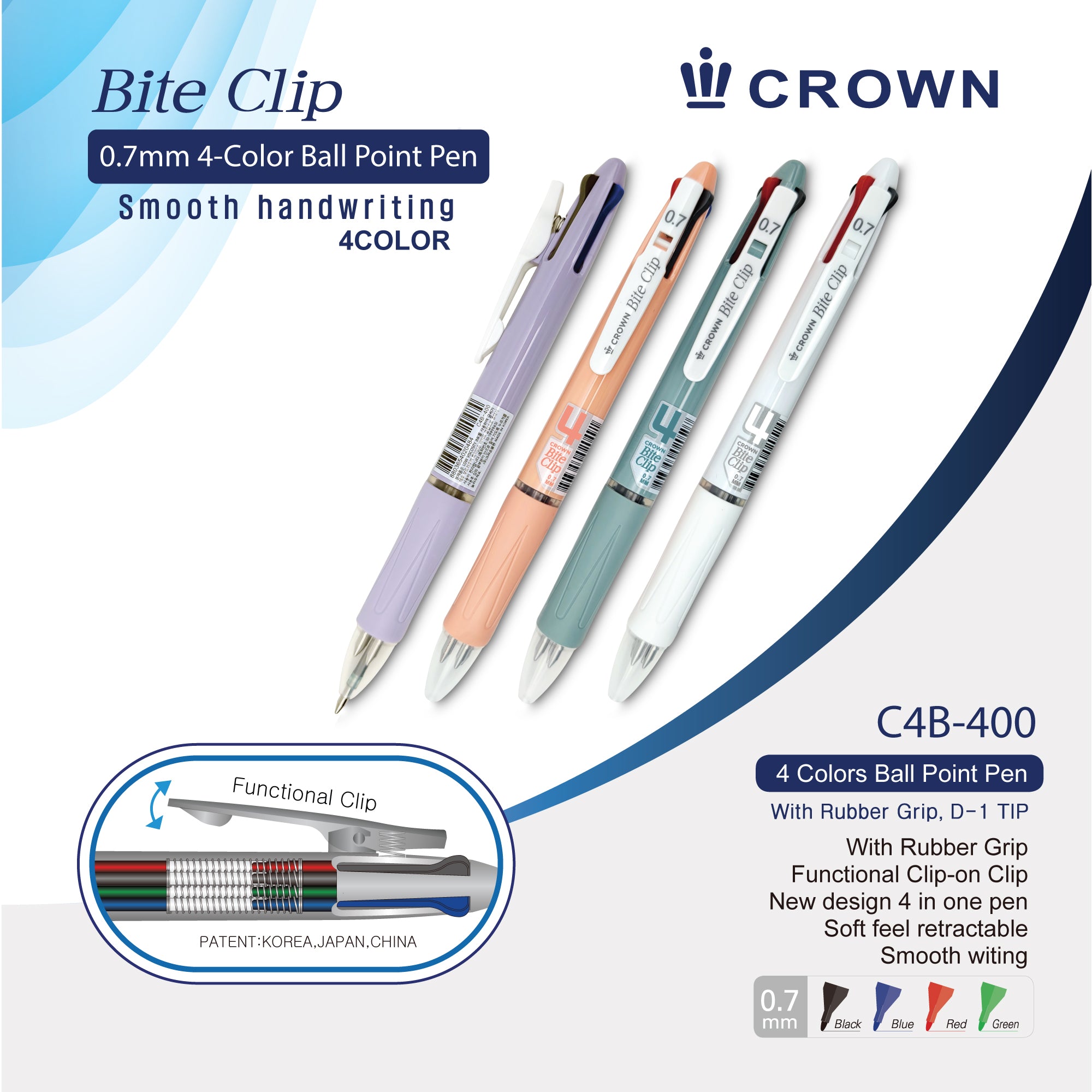 Crown Bite Clip Ballpoint Pens – 0.7mm, 4 Colors in 1, Soft Grip
