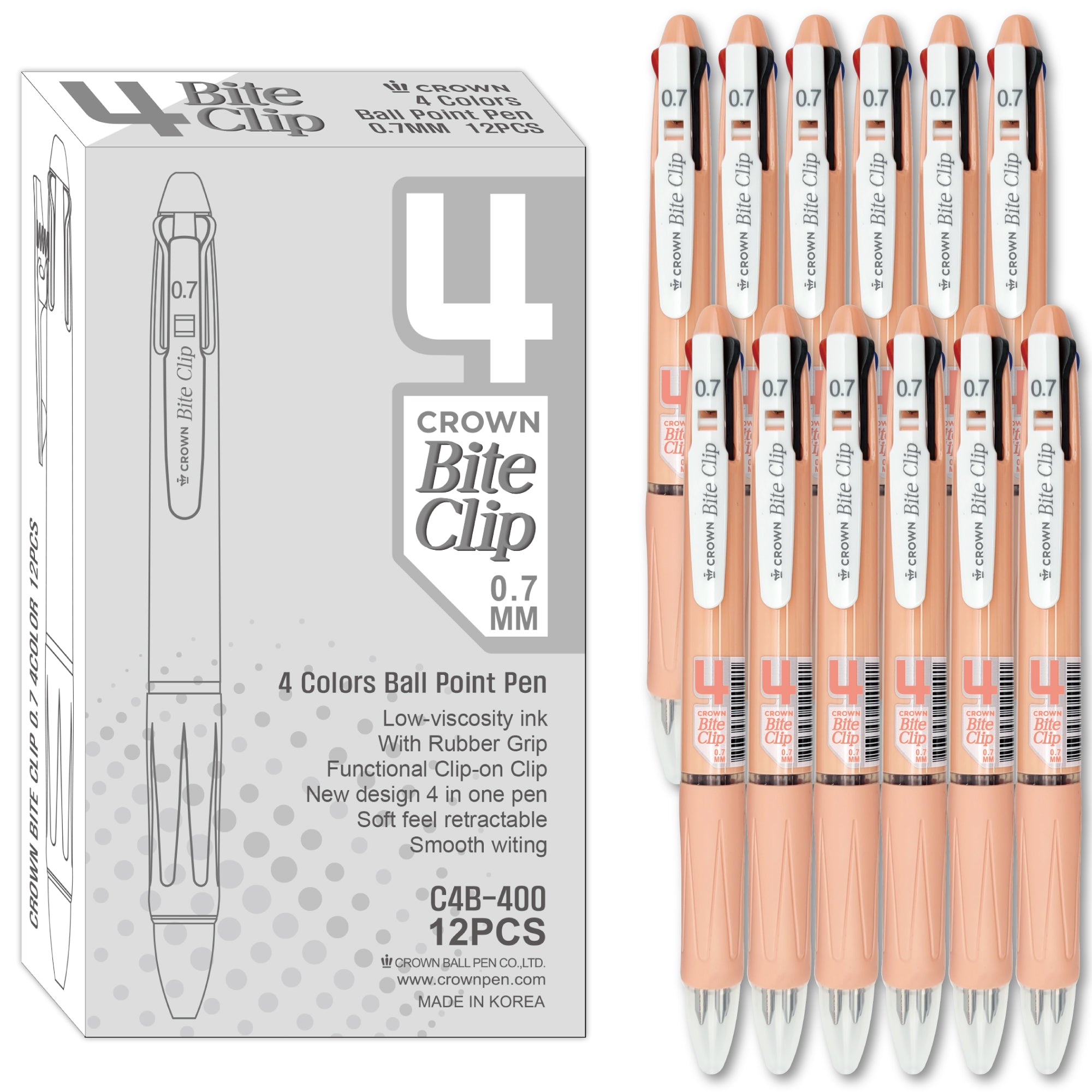 Crown Bite Clip Ballpoint Pens – 0.7mm, 4 Colors in 1, Soft Grip