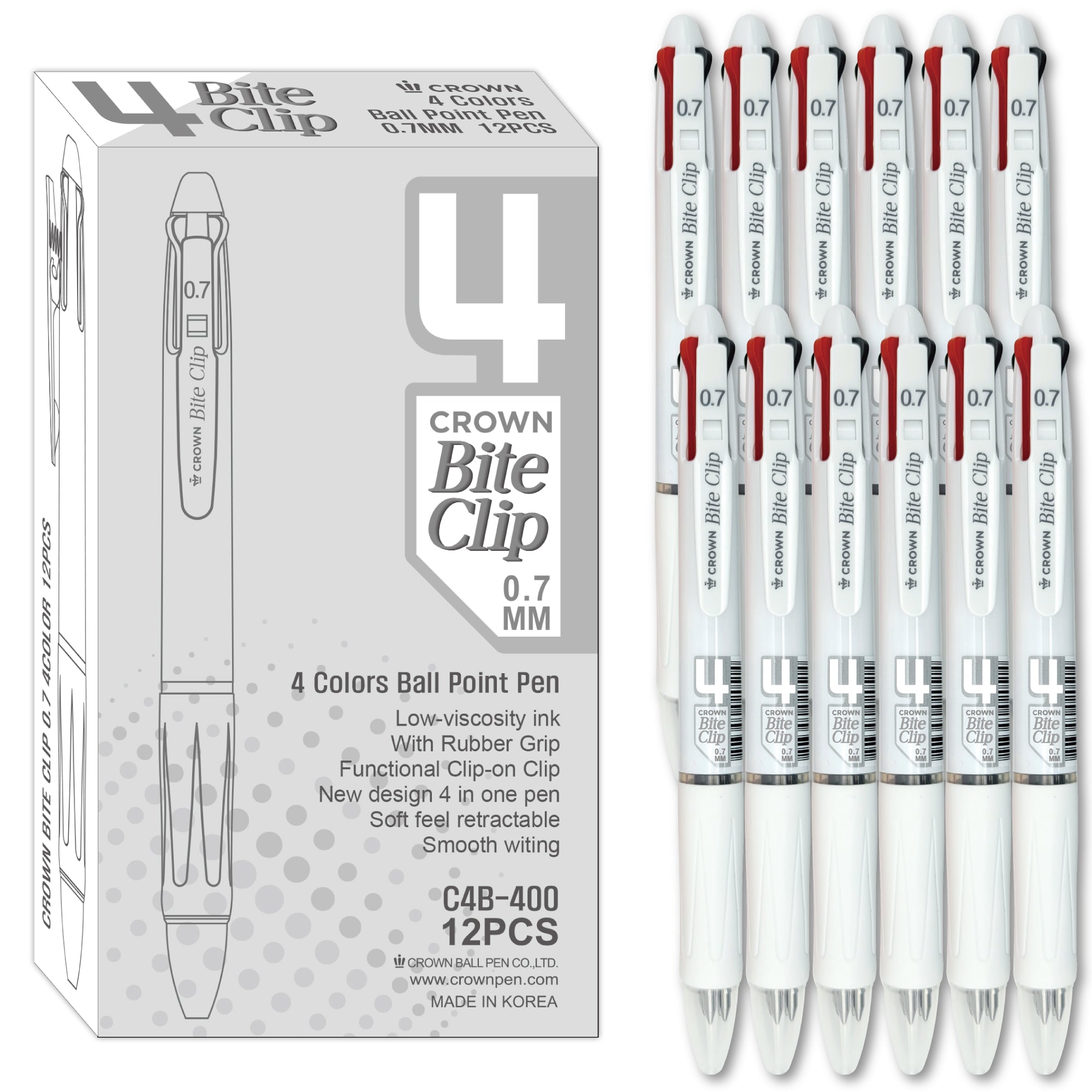 Crown Bite Clip Ballpoint Pens – 0.7mm, 4 Colors in 1, Soft Grip