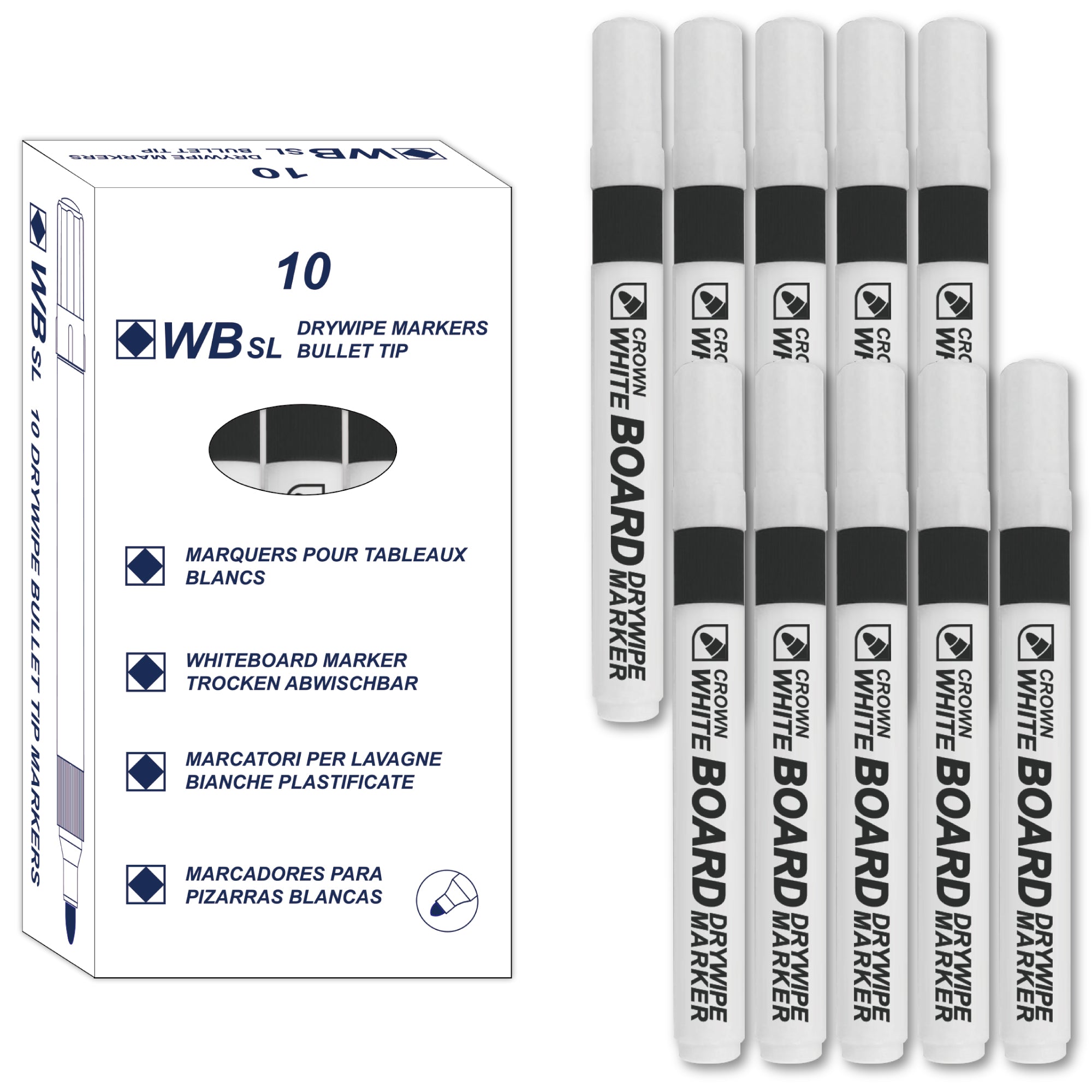 Crown Whiteboard Markers M – Bullet Tip, Non-toxic, 10 Count – KORCA